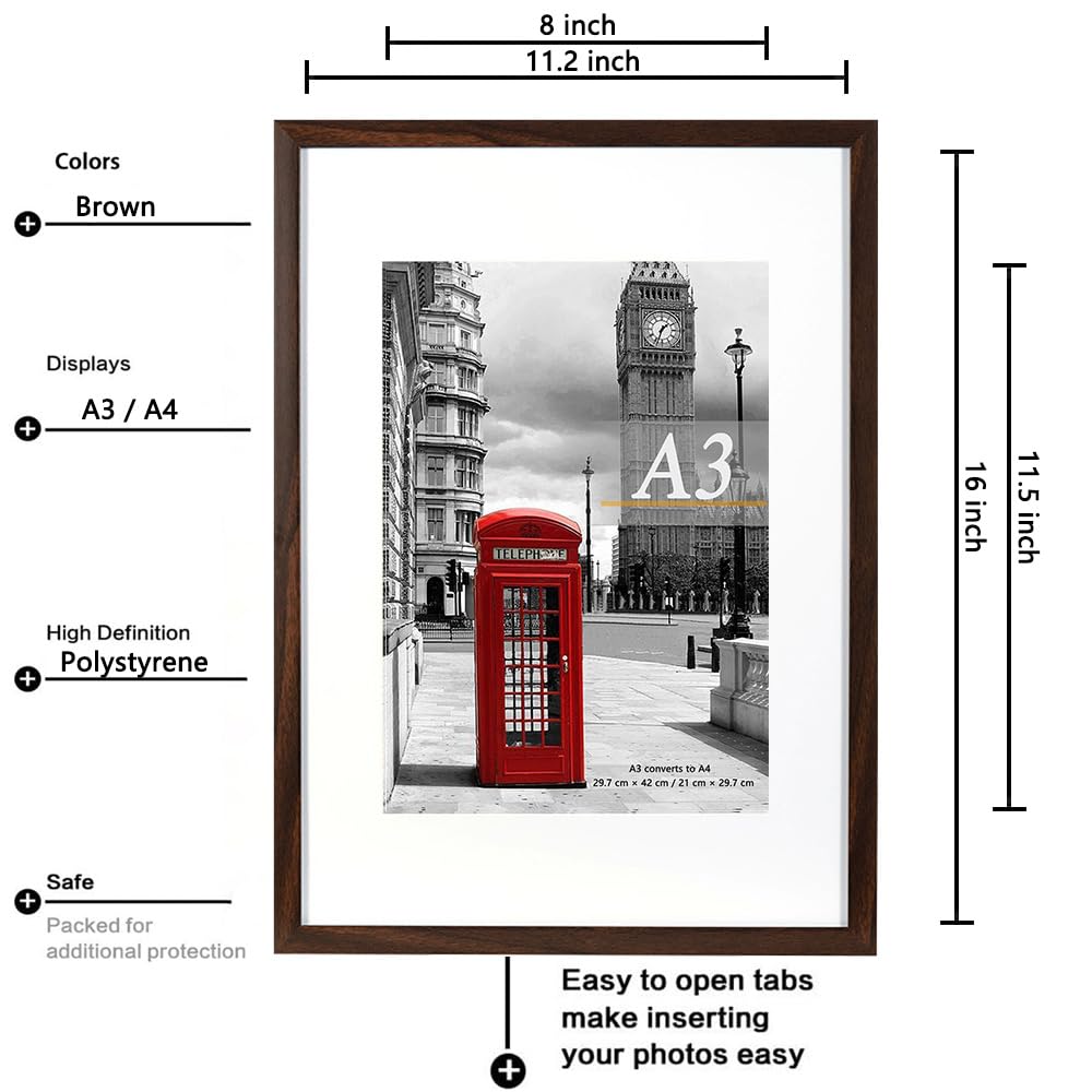 Scholar Tree Brown Photo Frame Picture Frames, A3 with Mat for A4 Mount Picture, Set of 3, Wall Mountable - Image 3