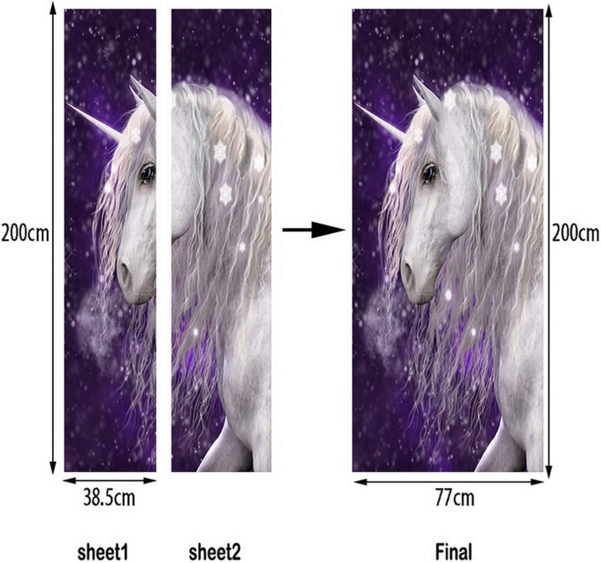 Sticker Porte Trompe L'Oeil 3D 77 X 200 Cm Cheval Licorne Animal De Bain Auto-Adhésif Amovible Impermeable Autocollant Poster De Porte Stickers Muraux