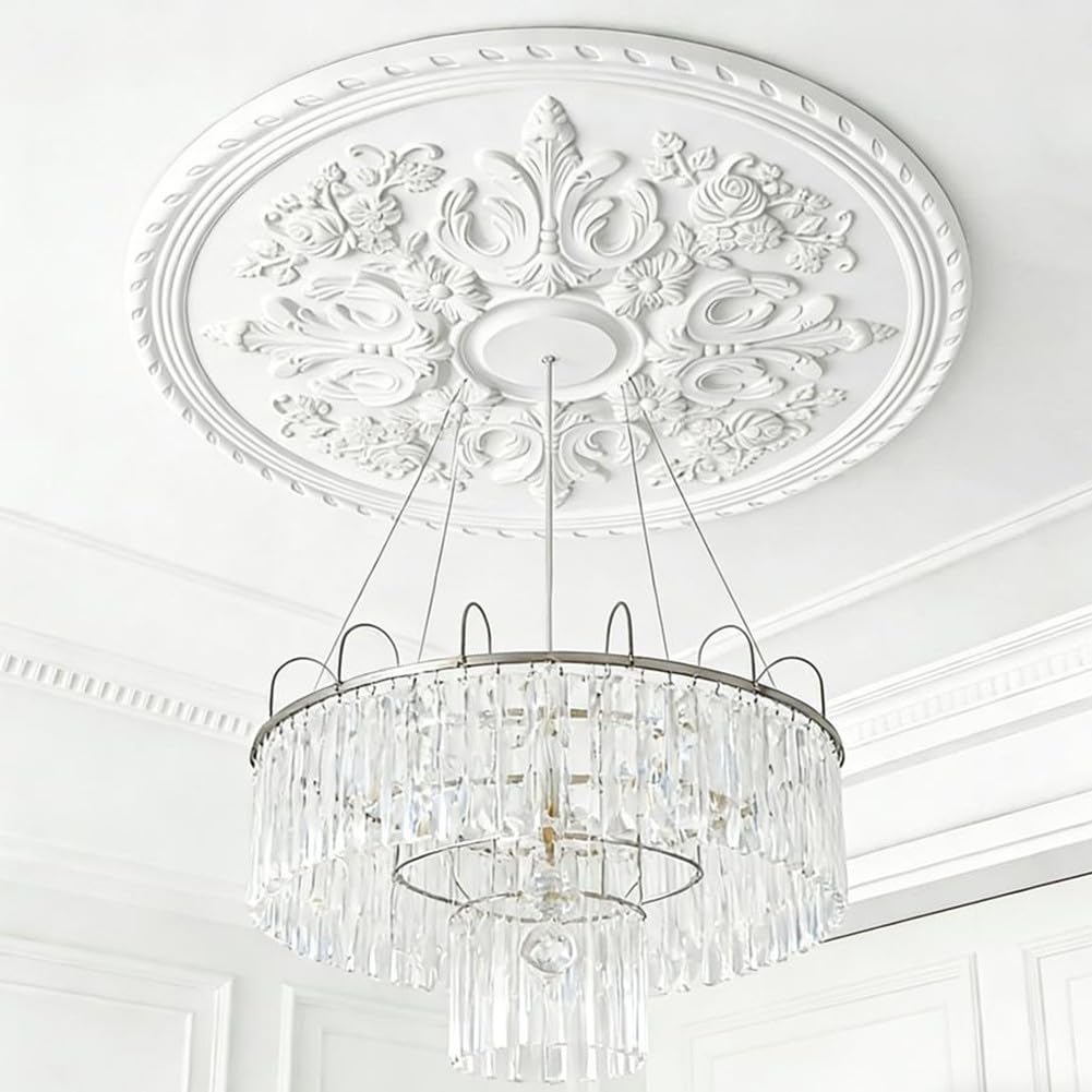SPORTARC Medaglione da soffitto, rosone rotondo da soffitto, 60 cm, design floreale in poliuretano bianco, leggero, facile da installare per soggiorno, camera da letto, decorazione da pranzo