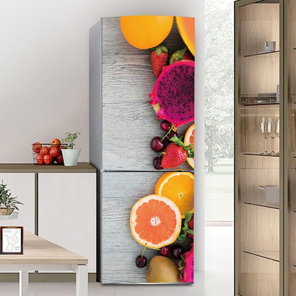 Myxjx One Color Fridge Wrap, Full Covering Door Fridge Covers Skins Wall Stickers For Kitchen Decal, Wooden Board Fruit Orange Strawberry