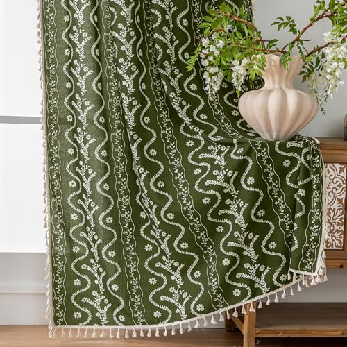 Image of Olive Green Floral Curtains 72 Inch Long for Living Room, Bedroom, 2 Panels Boho Farmhouse Vintage Tassel Semi Sheer Light Filtering Privacy Window Curtains Drapes with Rod Pocket