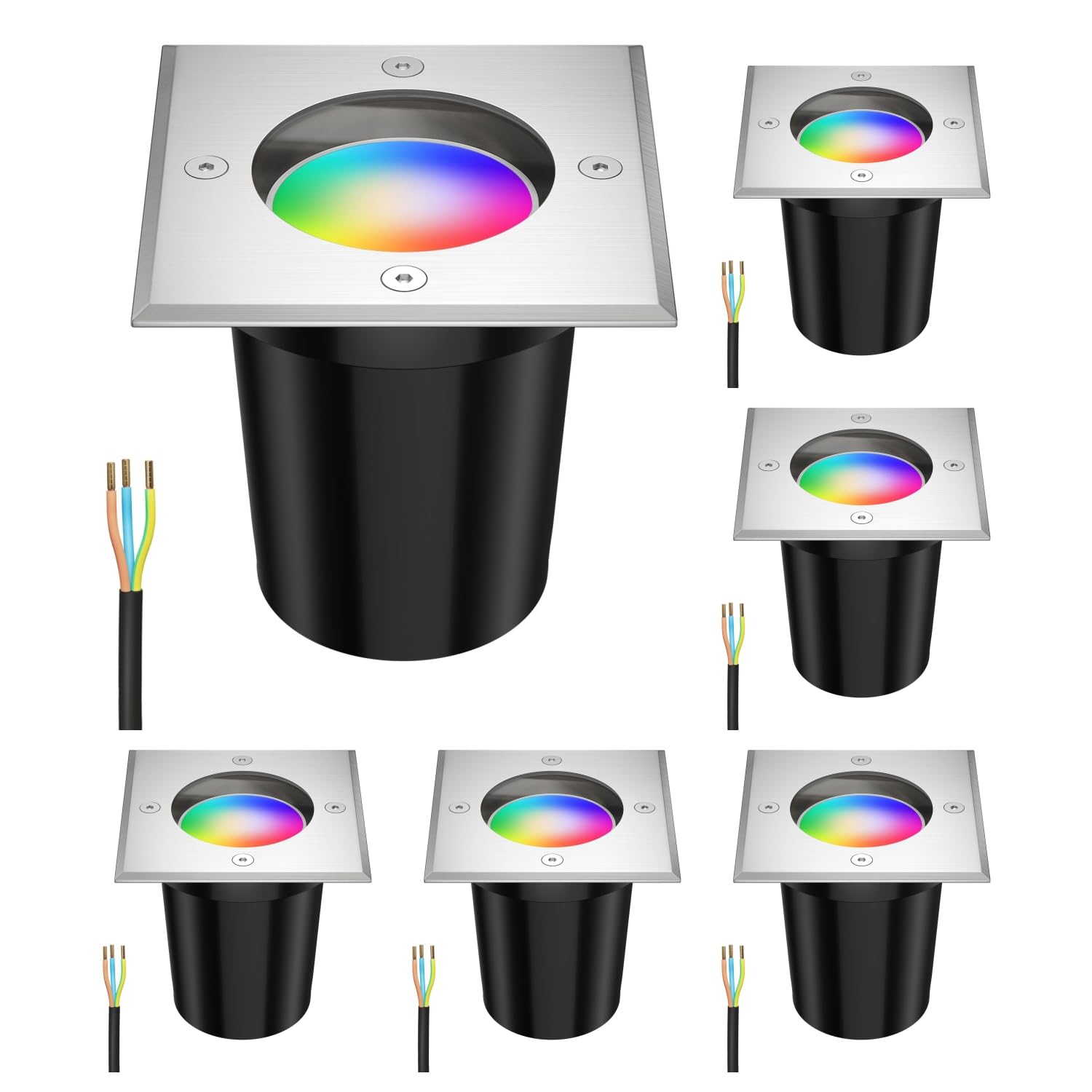 ledscom.de 6x Smarte Boden-Einbauleuchte RELI für außen Edelstahl eckig IP67 inkl. Smart Home RGBW GU10 LED Lampe, 5,41W, 473lm