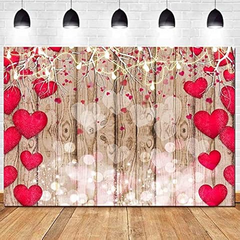 HQM Vintage Rustic Wood Red Love Heart Valentine's Day Theme Photography Backdrops 7x5ft Fabric Wedding Bridal Shower Mother's Day Anniversary Party Birthday Decor Supplies Studio Shoot Booth Props Cover