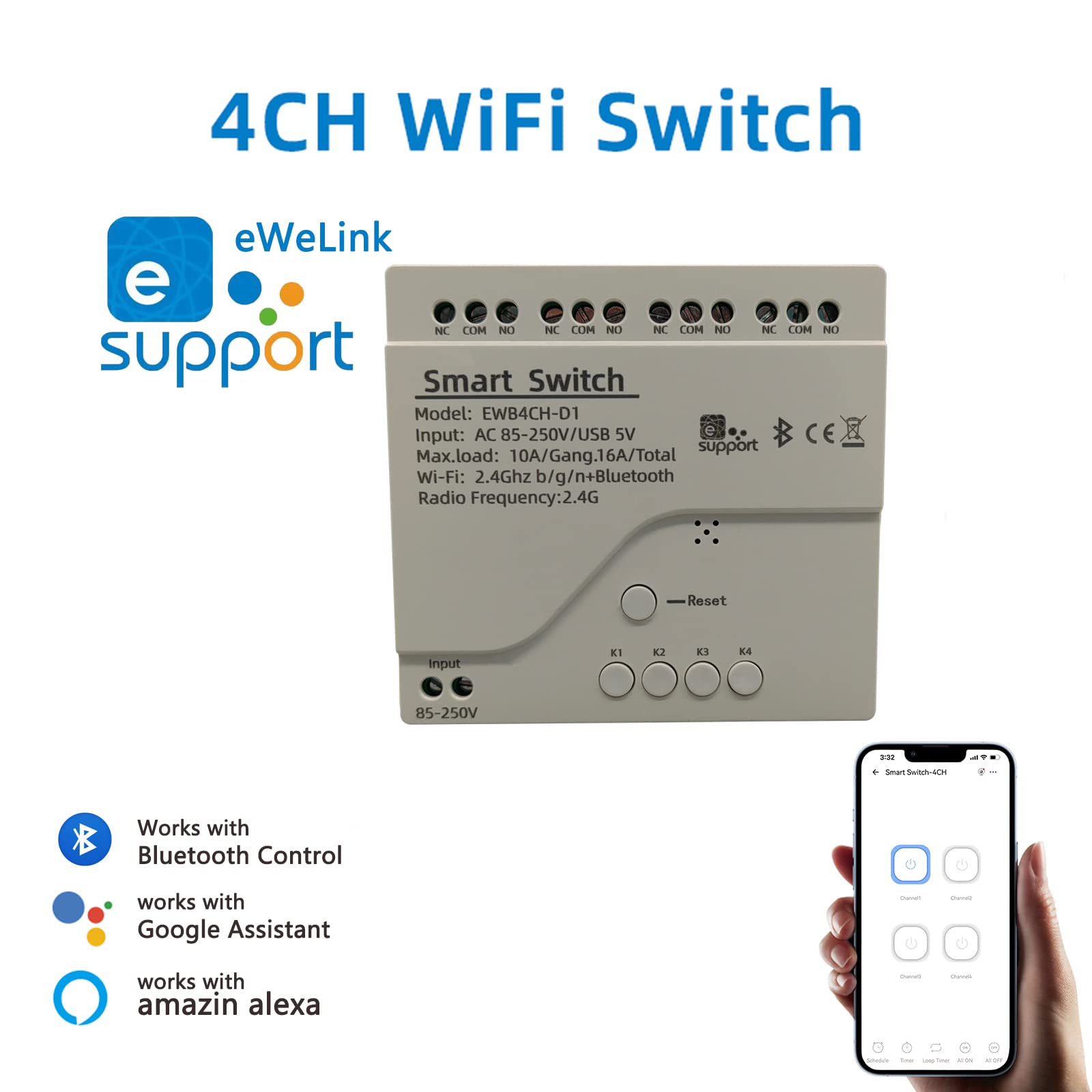 Modulo interruttore relè Smart WiFi a 4 canali USB 5V/AC85V-250V, supporto controllo Bluetooth, telecomando app eWeLink, per Alexa Google Home