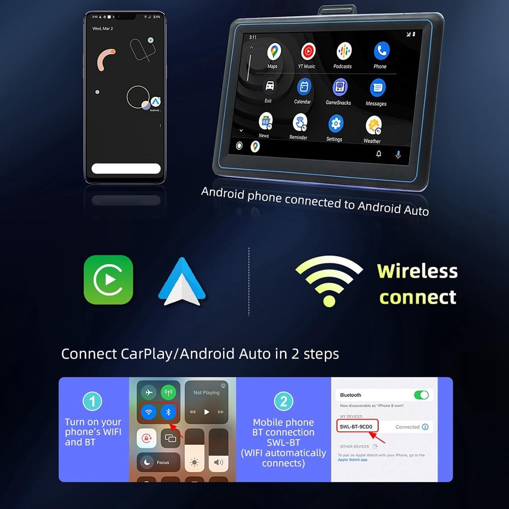 Pantalla táctil para coche de 7 pulgadas inalámbrica CarPlay y Android Auto Car Reproductor multimedia automático portátil Pantalla de navegación duradera