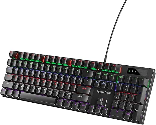 Amazon Basics Wired Gaming Mechanical Keyboard with Outemu Blue Switches and Rainbow LED | Anti-ghosting Keys |8 Gaming Modes