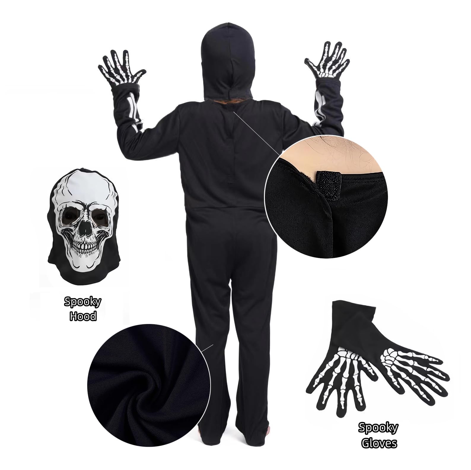 Wbesty Skeleton Costume Kids Glow in The Dark Boy Girls Halloween Scary Bodysuitwith Skeleton Hood Gloves, 3/5Y - Image 3