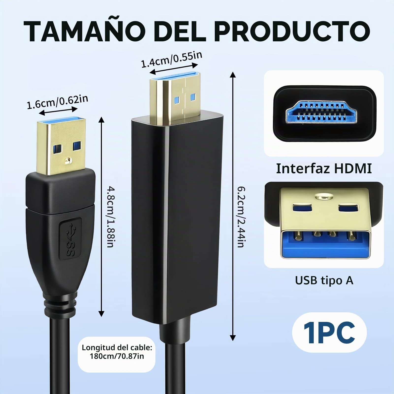 Cable USB 3.0 a HDMI, 1.8m USB 3.0/2.0 1080P a HDMI Macho Adaptador para PC HDTV Proyector Portátil, Compatible con Windows 11/10/8/7, MacOS