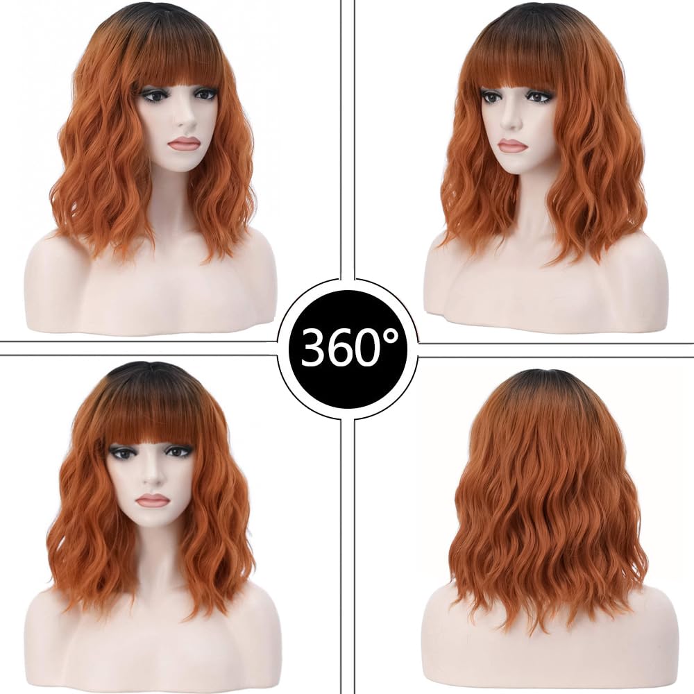 PORSMEER Short Ombre Coppre Red Wavy Bob Wig with Fringe Natural Looking Synthetic Hair Wigs for Women Ladies Party Or Daily Wear 12inch - Image 2