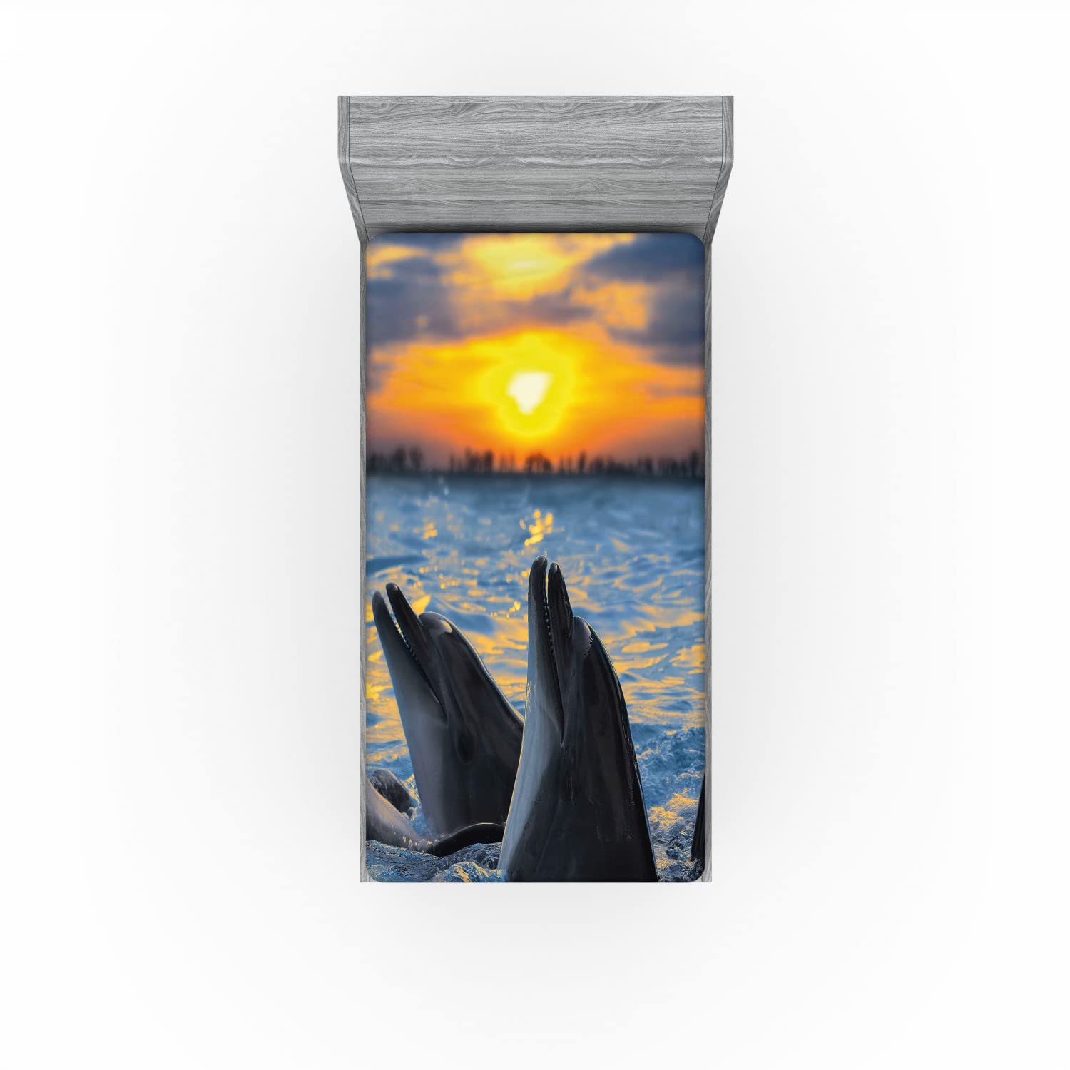 Ambesonne Animal 2 Pack Fitted Sheet, Bottle Nosed Dolphins, Bed Cover All-Round Elastic Deep Pockets 2 Pieces, Package Contains 2 Twin Size Fitted Sheets, Blue Grey