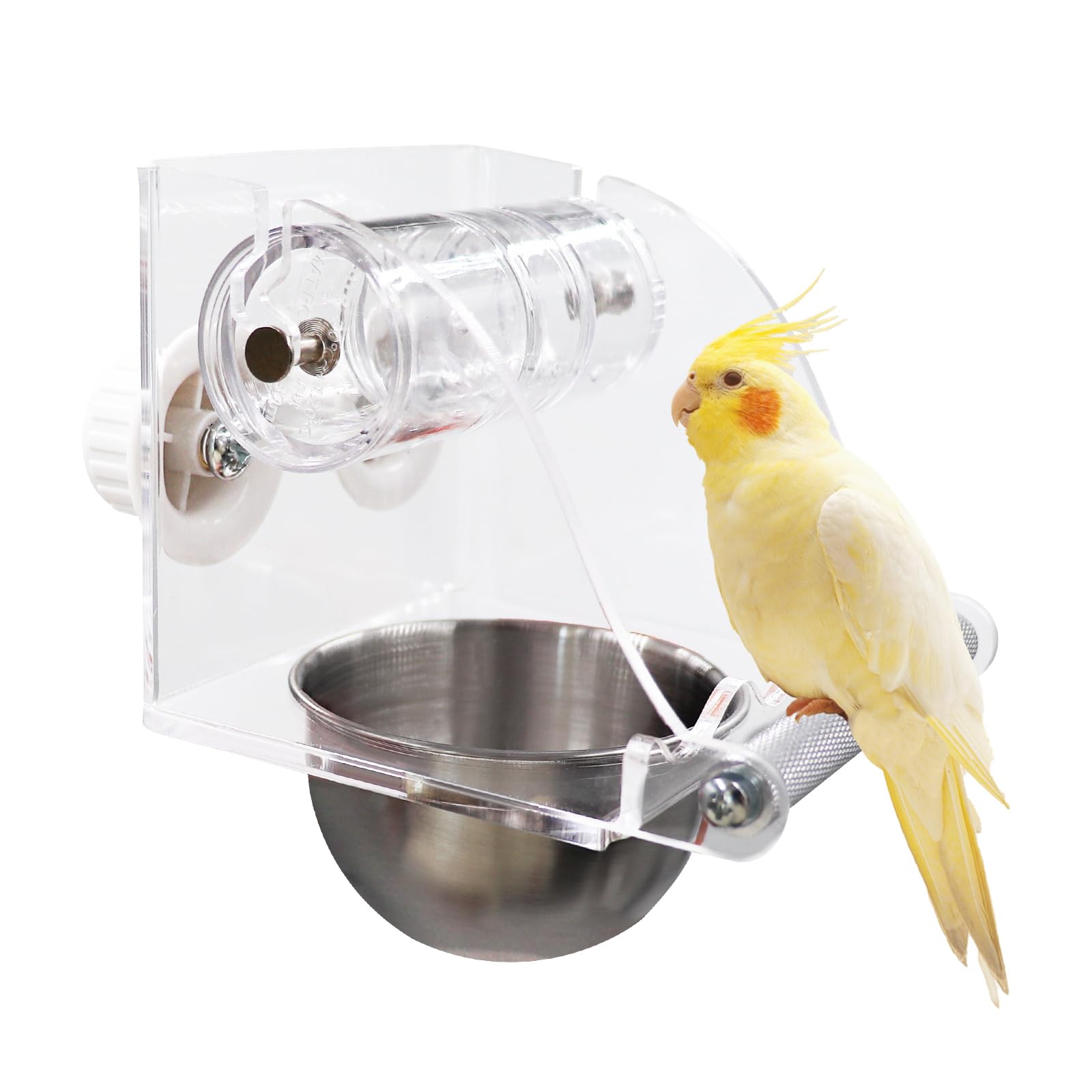 Interactive Bird Feeder with Rolling Foraging Toy - Clear Acrylic Treat Dispenser & Stainless Steel Bowl for Small to Medium Birds | Cage-Mounted with