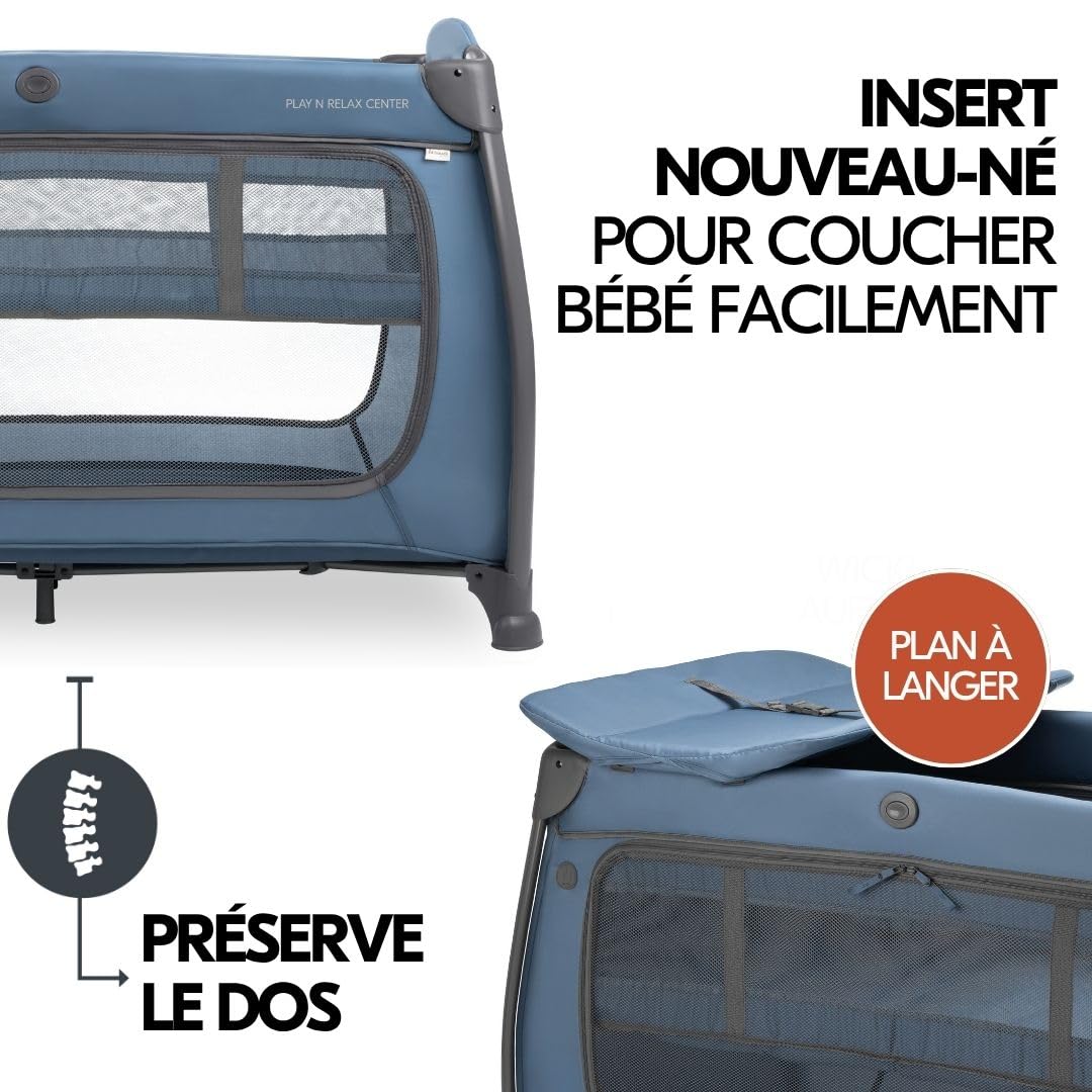 hauck Lit Parapluie Bébé avec Matelas Play N Relax Center - Lit Voyage Bébé Moustiquaire, Niveau Nouveau-Né, Table à Langer, Roues, Sac Transport, Bleu Foncé