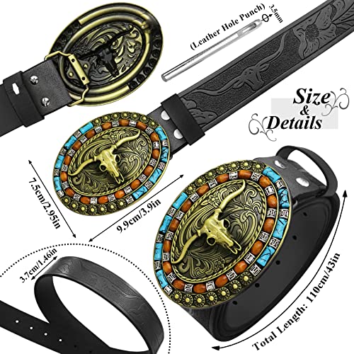 RechicGu Mens Western Leather Buckle Belt, Bull Head Engraved Brown Cowboy Belts With LongHorn Bull Buckles, 1-1/2 Inch Wide2