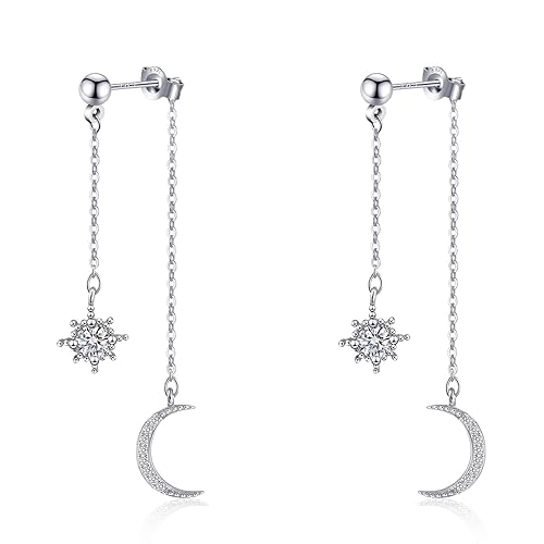 925 Sterling Silver Moon Star Earrings for Women Crescent Dangle with Cubic Zirconia Celestial Jewelry for Wedding - Silver