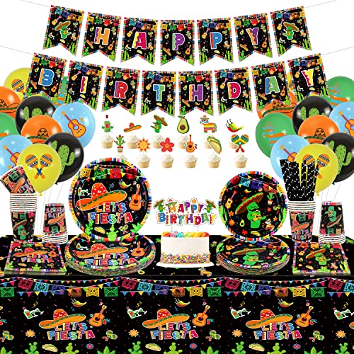 LSJDEER Mexikanische Partydekorationen – Fiesta-Partyzubehör, einschließlich Teller, HAPPY BIRTHDAY-Banner, Kuchenaufsatz-Ballon, Babyparty, Cinco de Mayo-Geburtstagsparty