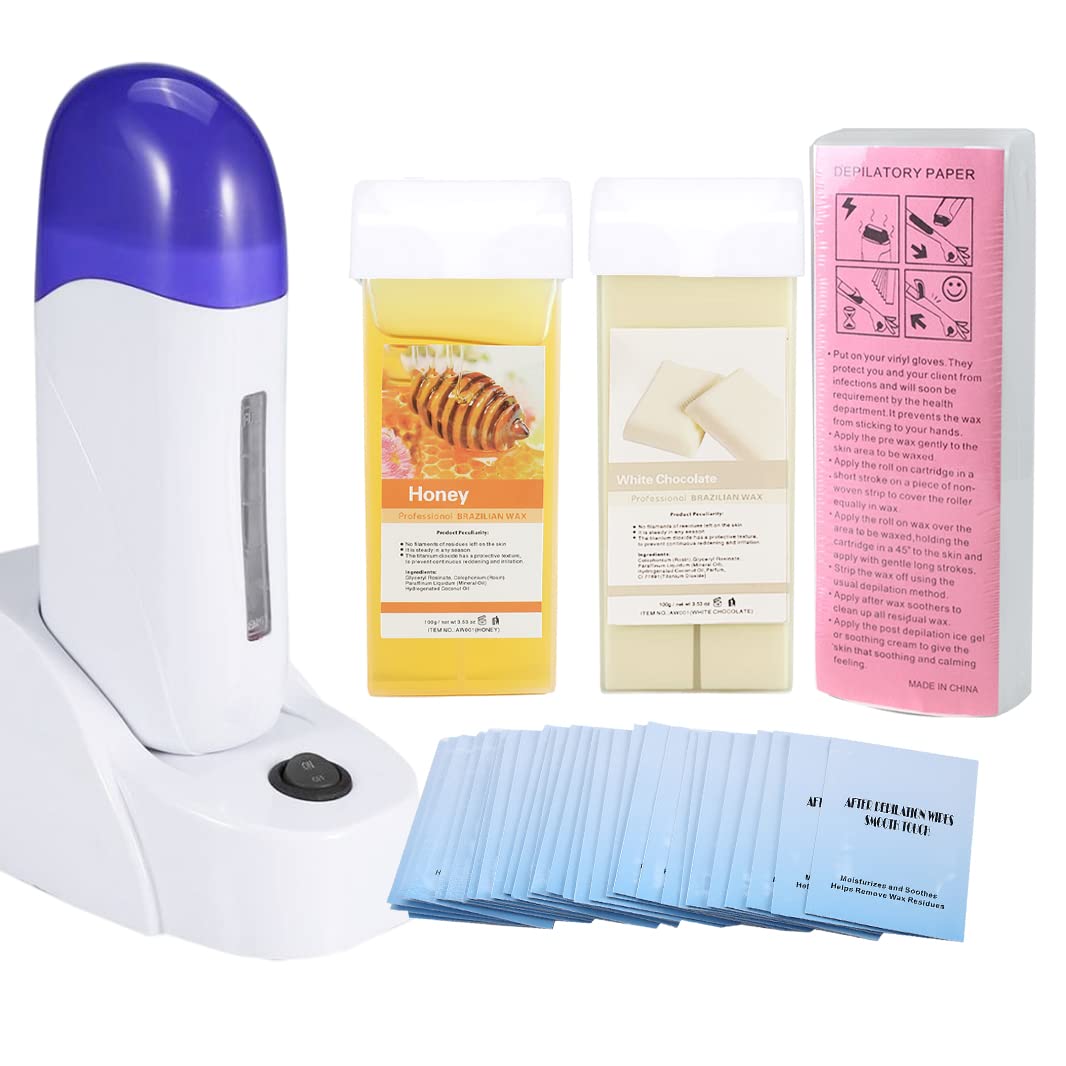 Depilatory Roll on Wax Heater Roller Warmer Cartridge Strips Hair Removal Kit for Women Men Body Skin Eyebrow, Facial, Armpit, Bikini, Brazilian Leg with Honey & Milk Wax Refill & 100 Paper