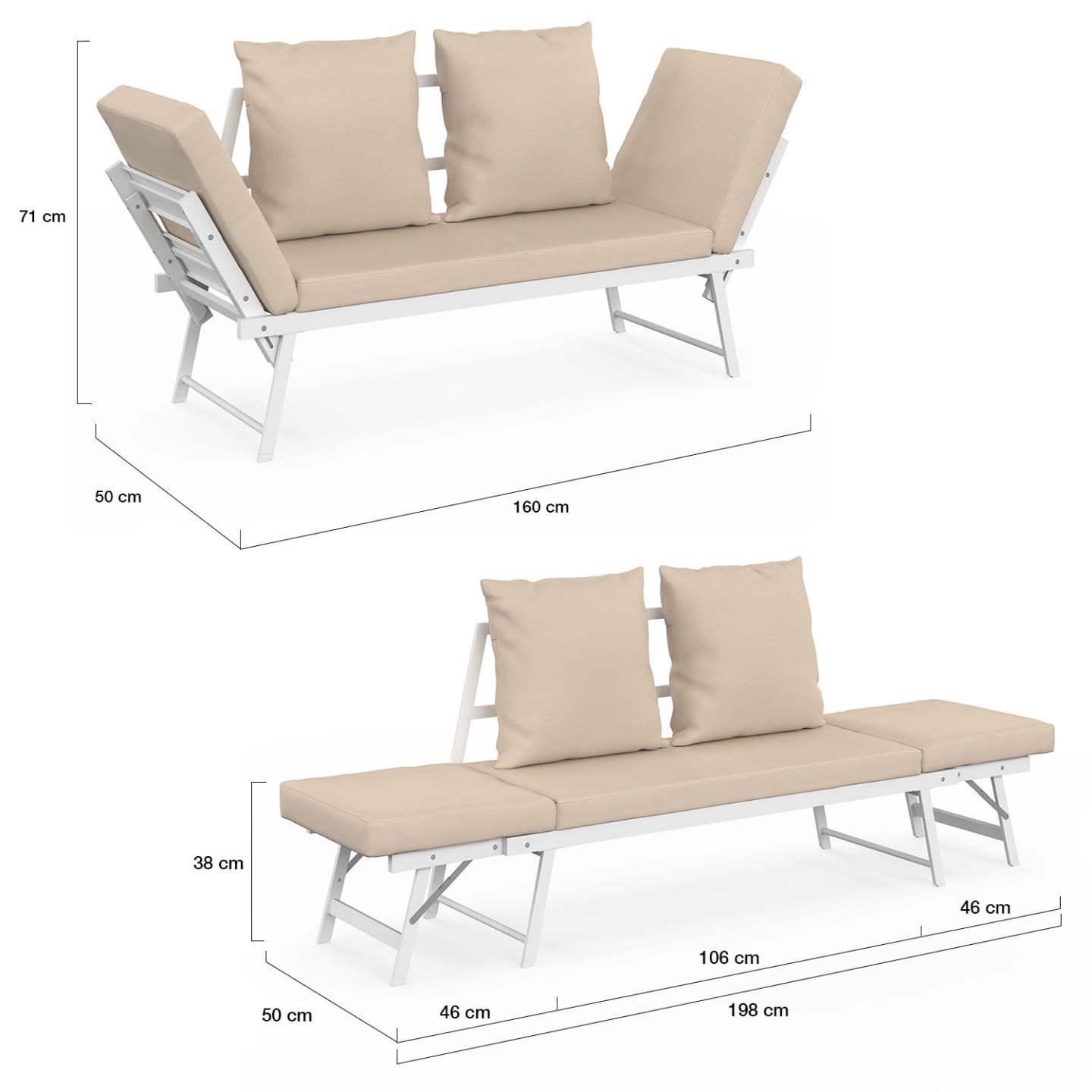 IDMarket - Canapé de Jardin, Banquette Convertible NOLA 2/3 Places avec accoudoirs inclinables métal Blanc et Coussins Beige
