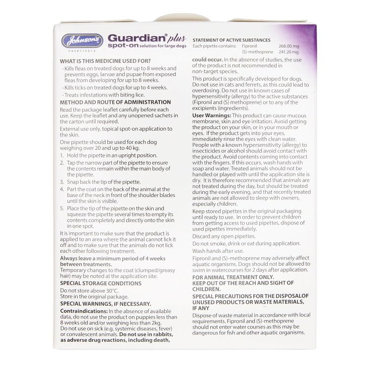 Johnsons Guardian Plus Spot On for Medium Dogs 20kg - 40kg - 1 Treatment, Kills Fleas, Ticks & Lice, Stops Flea Eggs Hatching - Image 4