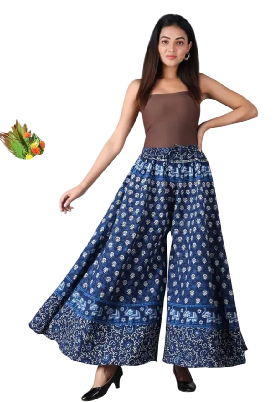 Women's Cotton Palazzo Pants, Wide Leg, Indigo Blue with Traditional Print, Elastic Waistband (in, Alpha, S, Regular, Blue)-picture-42
