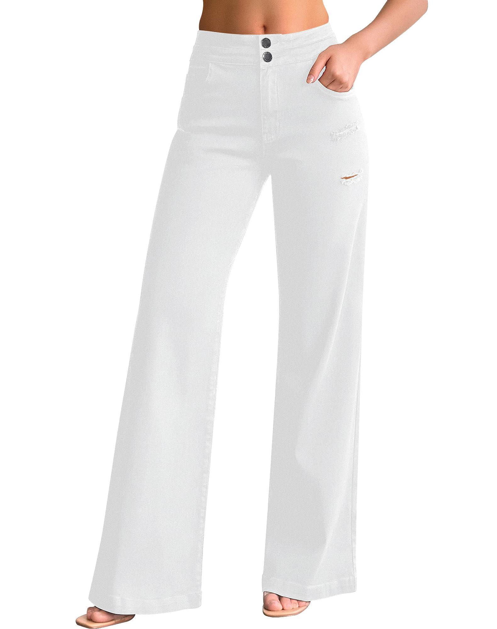 Stretchy Loose Jeans for Women Wide Leg High Waisted Baggy Denim Distressed Pants-image-4