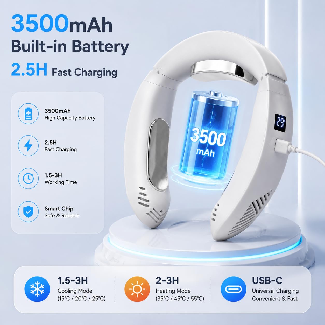 Ventilador de cuello portátil, aire acondicionado portátil con modos de refrigeración y calefacción, recargable de 3500 mAh, dispositivo de refrigeración personal sin cuchillas
