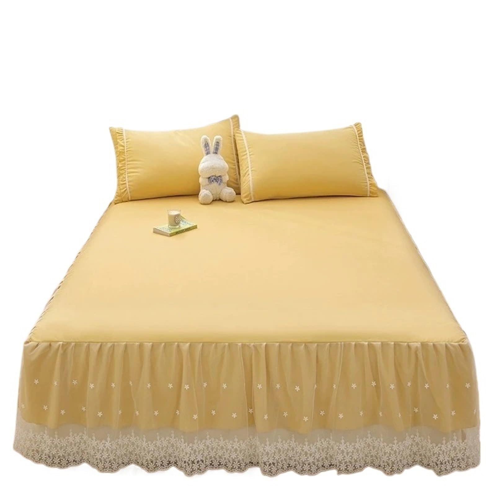 Ruffled Bed Skirt Pink Elegant Princess Bed Skirt Lace Ruffles Design Single Layer Cover Soft Skin-friendly Bedding Copriletti In Pizzo(Yellow,1PC-150x200cm)