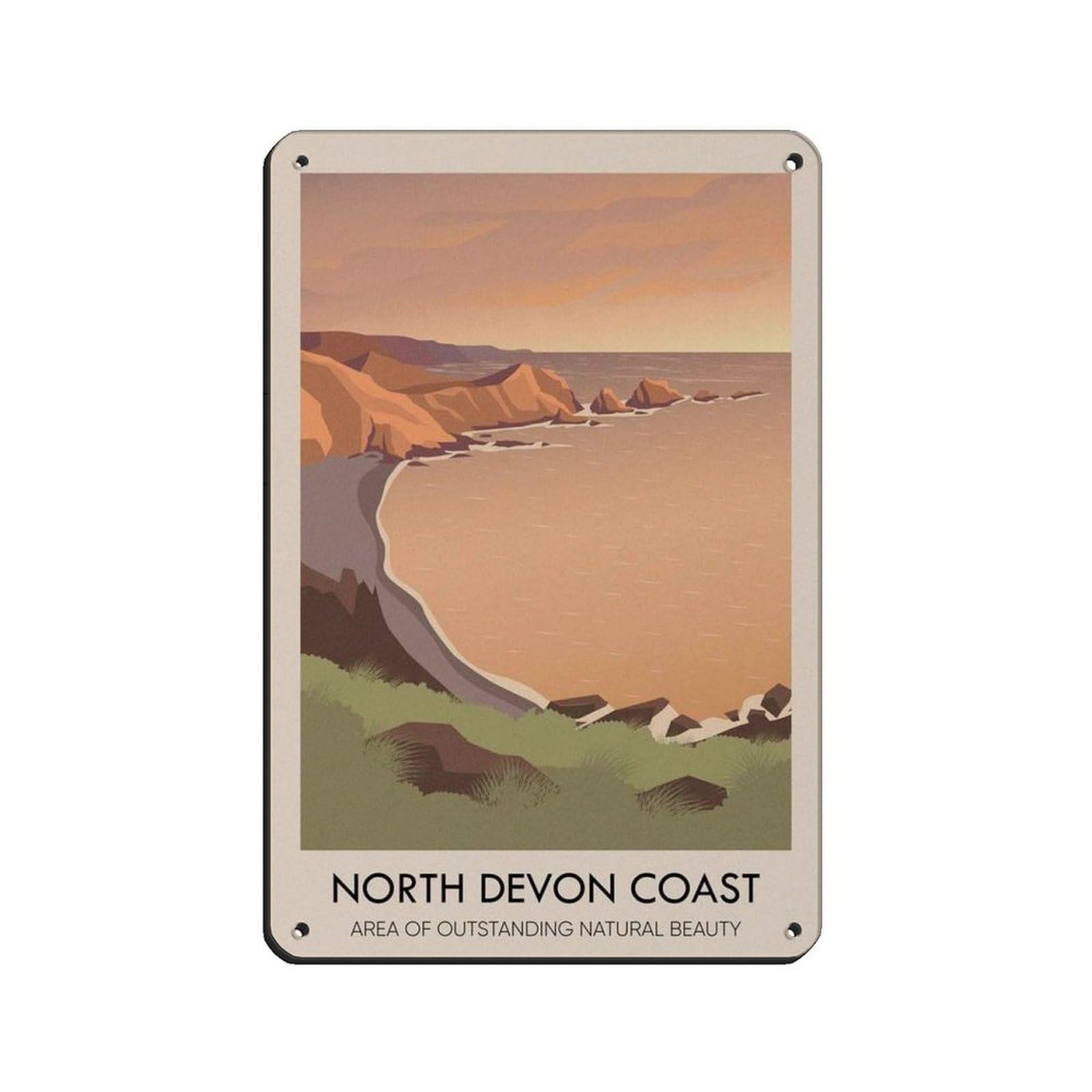 Lxwnze 20L X 30W Cm North Devon Coast Aonb Travel Poster Tin Sign Vintage Metal Pub Club Cafe Bar Home Wall Art Decoration Poster Retro 8X12inch(20X30cm)