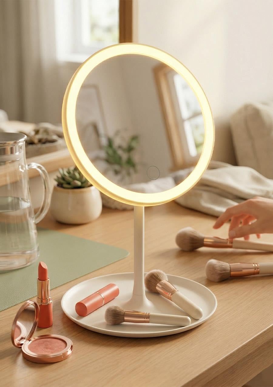 Ledli Yuvarlak Ayna Işıklı Mini Makyaj Aynası 3 Farklı Işık Modu 18 CM Beyaz