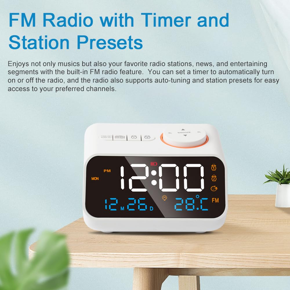Réveil multifonction avec radio FM, horloge numérique LED rechargeable avec affichage de la température et de l'humidité, prend en charge l'activation du son, la luminosité / le volume réglable