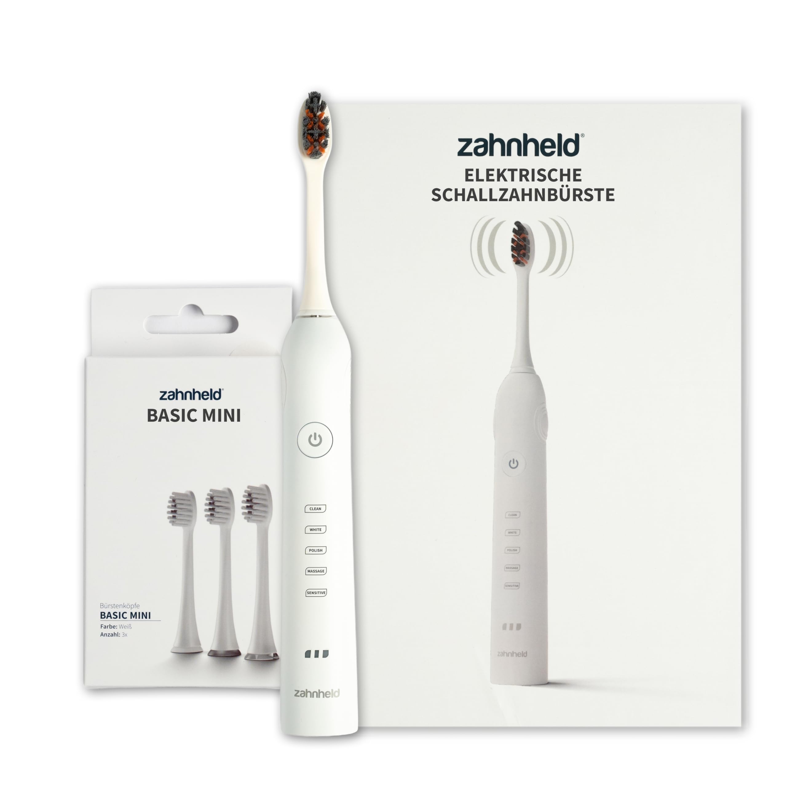 Zahnheld® Elektrische Schallzahnbürste GERO G2 | mit Bürstenköpfen Basic Mini | Vorteilsset (weiß)