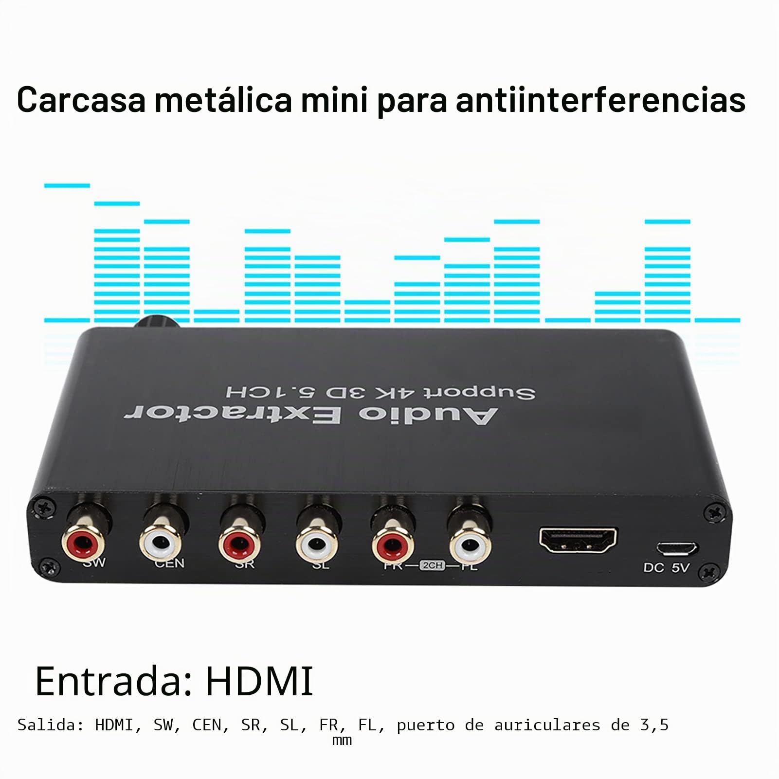 Extractor De Audio, Convertidor Adaptador HDMI, Decodificador De Audio 4K 3D HDMI 5.1 Canales, Convertidor HDMI De Entrada A Salida HDMI SW, CEN, SR, SL, FR, FL, Puerto Para Auriculares De 3,5 Mm(UE)