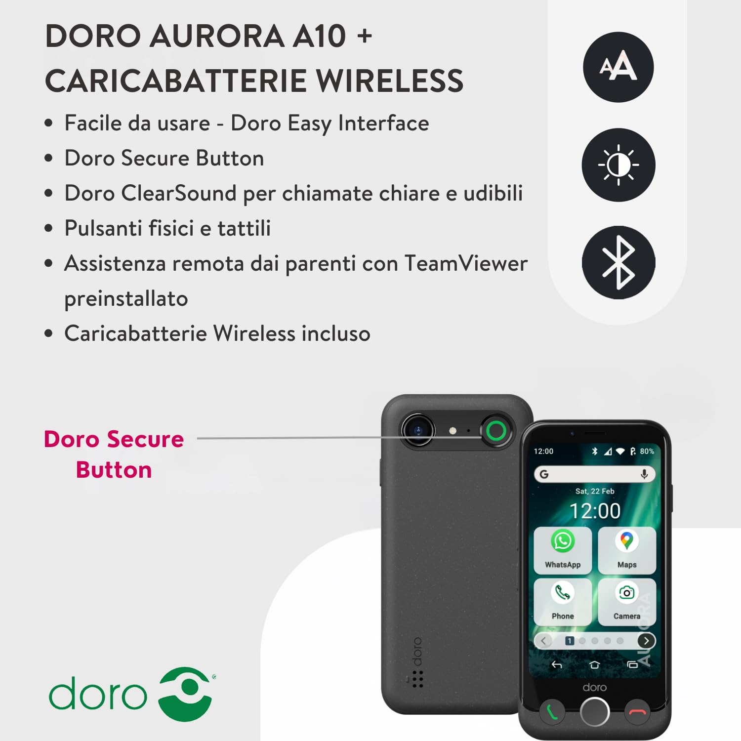 Doro Aurora A10 Smartphone Pack - Carica e Tracciamento GPS - Dettaglio