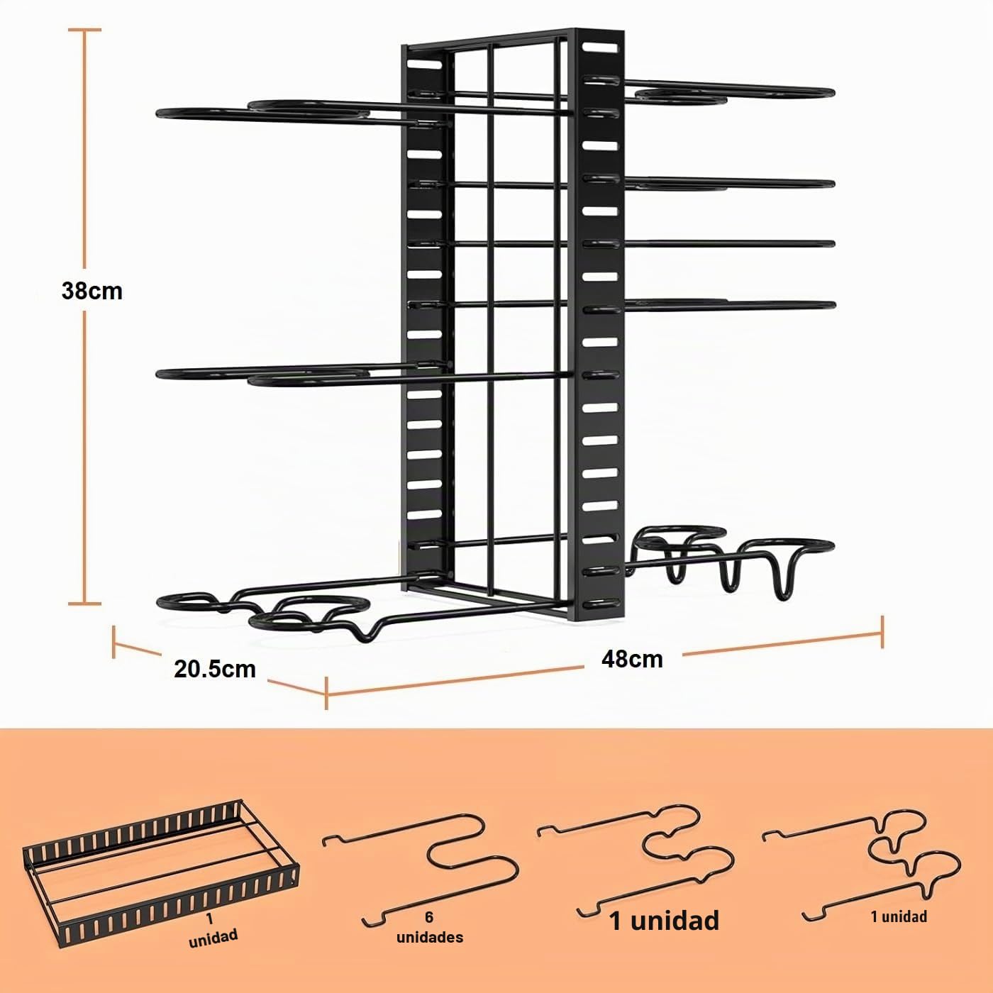 Soporte de Sartenes y Ollas, Estante Organizador de 8 compartimiento Ajustable, con 2 formas de Almacenar Tapas de Ollas, Platos, cacerolas, sartenes 48x38x20.5cm
