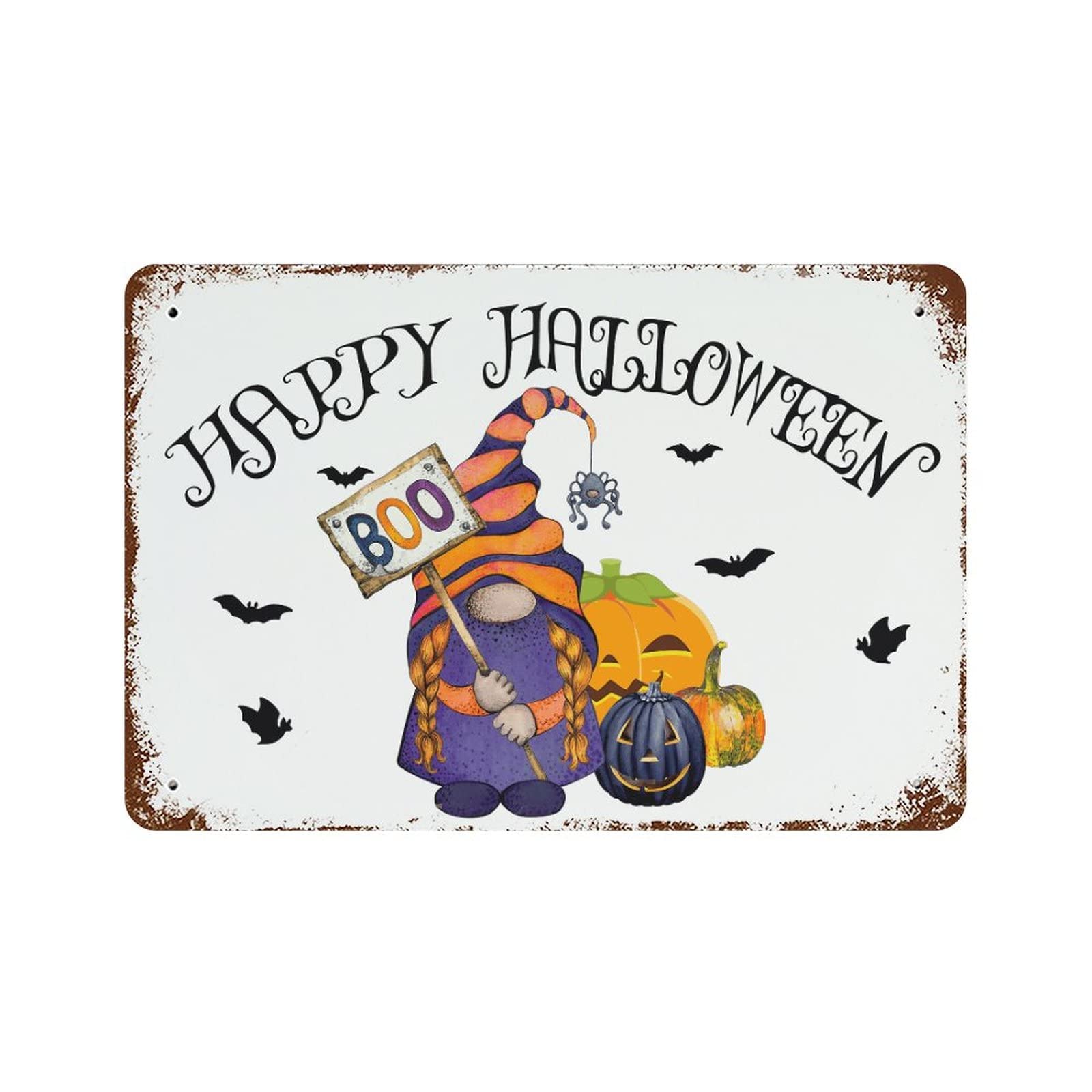Cadeau de bienvenue Halloween : panneau métallique décoratif avec nain et citrouille