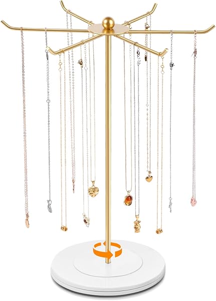 OAOLEER Necklace Holder Display, Rotating Jewelry Stand Gold Metal Necklace…