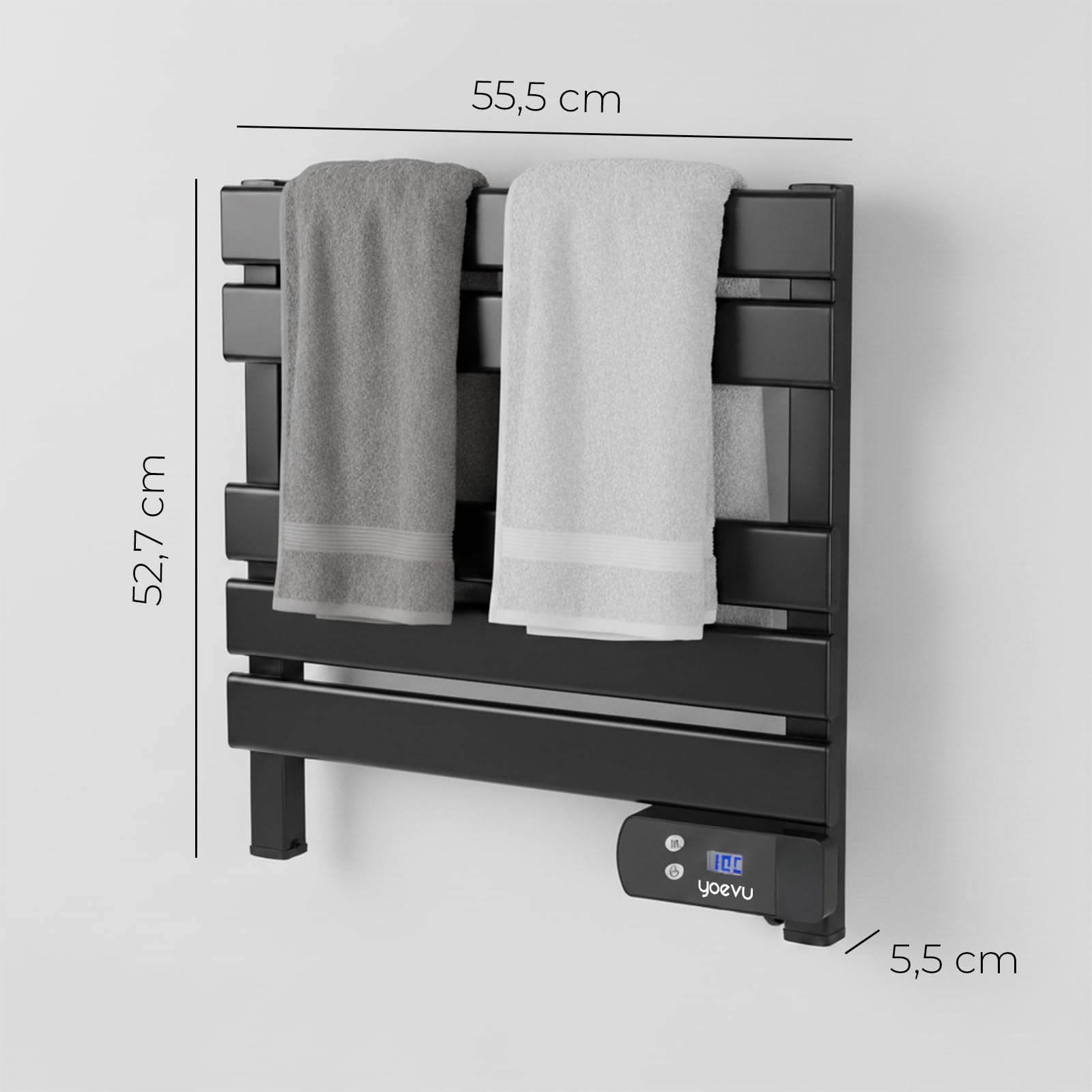 YOEVU | Toallero eléctrico | 150W, Aleación de Aluminio, 55,5x5,5x52,7cm | Pantalla LCD táctil, Temporizador programable, bajo Consumo | Secado eficiente y Ahorro energético | Negro