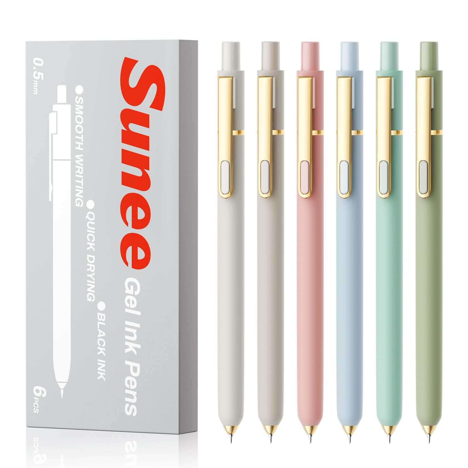 SUNEE Gel Pens, 6 Pack 0.5mm Fine Point Smooth Writing Pens with Quick-Dry Balck Ink, Cute Aesthetic Pens for School, Office, Note Taking, Journaling, Gifts for Women and Men - Morandi