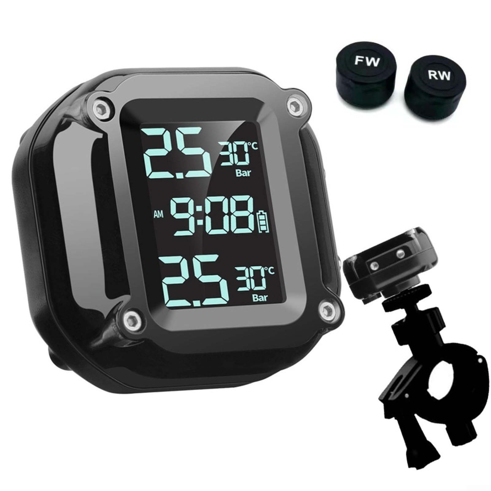 FUBESK Monitoraggio della pressione dei pneumatici, TPMS wireless per moto, monitoraggio in tempo reale, monitor della pressione dei pneumatici, con display LCD e 2 sensori esterni