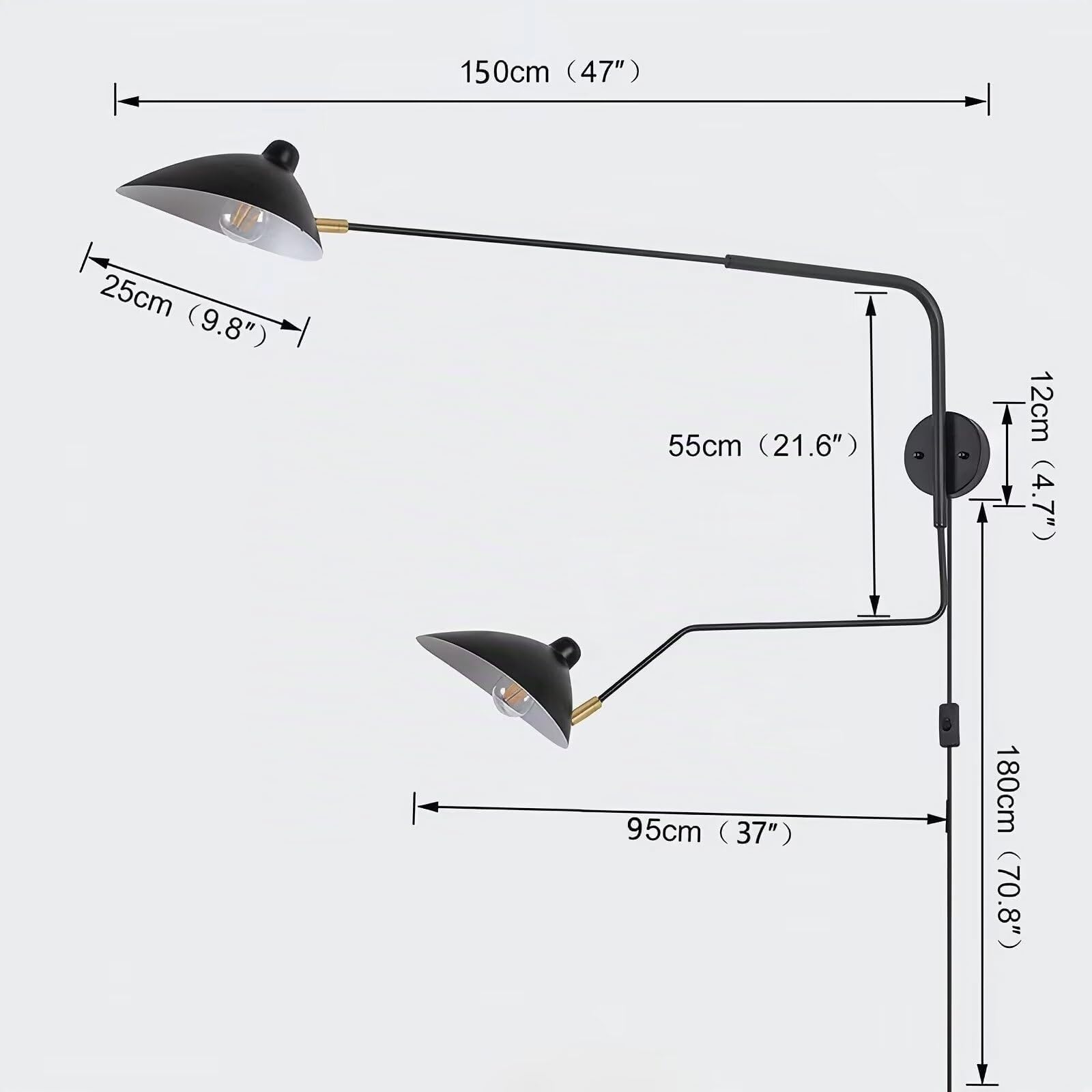 DESHOME Wandleuchte mit Schwenkarm Stecker Schwarz 150cm Industrial Vintage Wandlampe Innen Lange Wandleuchte Verstellbarer Arm mit Kabel und Schalter, für Wohnzimmer, Nachttisch, Arbeitszimmer