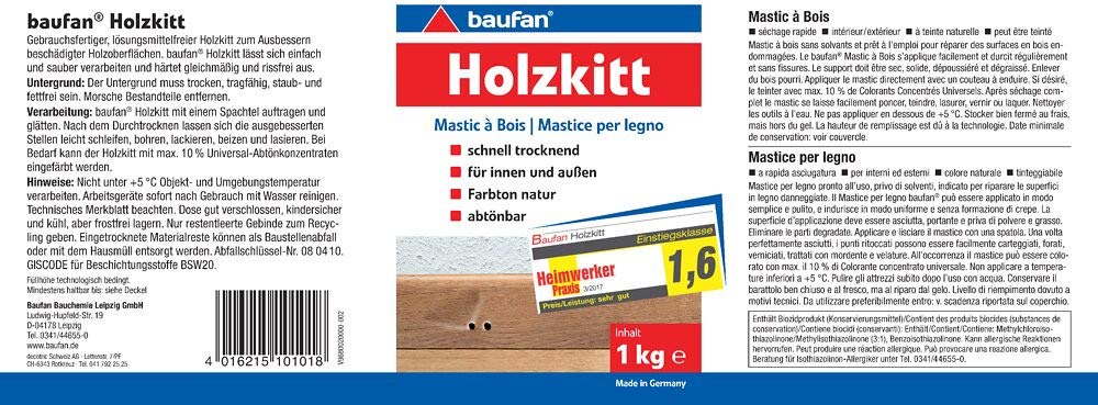 Baufan Stucco per legno 1kg | per interni ed esterni | colore naturale | tingibile | asciugatura rapida | senza solventi