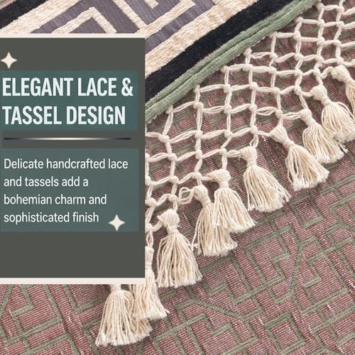 Image of HOKIPO 'Imperial Tassel Series' Premium Chenille Jacquard Sofa Cover Set for 2 Seater for Seat, Back & Arms with Tassels, Sage Green (IN-1010 + IN-1012-I8*2)