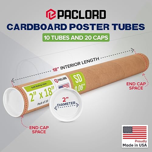 Miniatura 2 de Tubo de correo de papel kraft reforzado de 2 x 18 pulgadas, paquete de 10 tubos con 20 tapas, tubo seguro aprobado por USPS para póster - Tubo de
