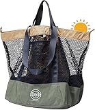 STOVER Extra Large Mesh Nylon Beach Bag- Vacation, Pool, Shopping, Toy, & Travel Tote- Foldable w/Storage Pouch & Pockets for Women, Men & Families – Heavy-Duty and Water-Resistant (Green/Navy Blue)