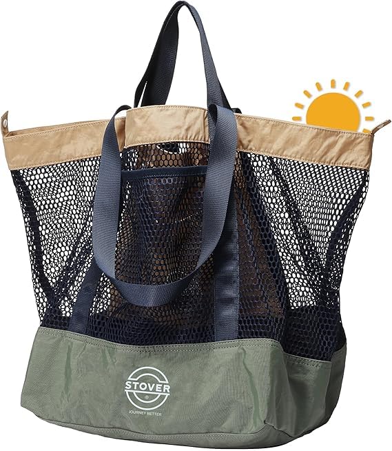 STOVER Large Mesh Beach Bag, Vacation, Pool, Shopping, & Travel Tote - Foldable w/Storage Pockets for Women, Men & Families