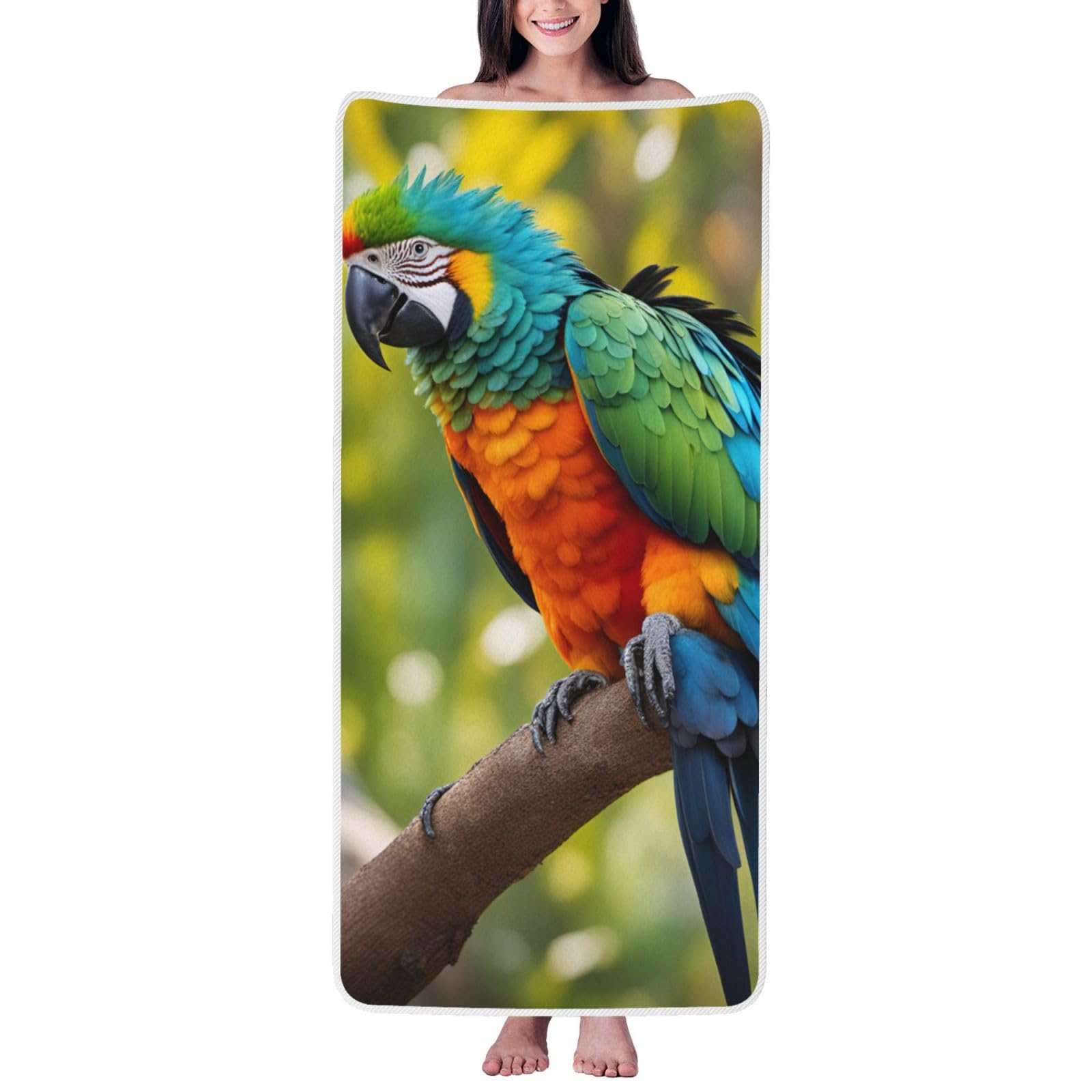 Ztpowqa Women's White Fantastic Parrot Feather Print Coral Velvet Bath Towel For Home Gym Lounging Bathroom Spa Hotel Beach Travel