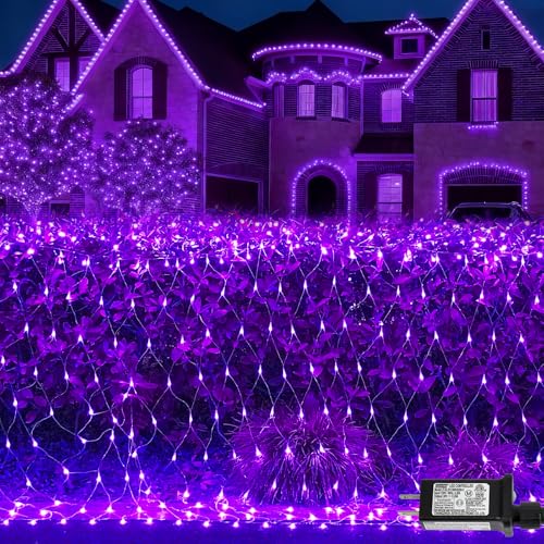 QITONG Purple Net Lights Outdoor Mesh Lights 360 LED 12ft x 5ft Christmas Net Light with 8 Modes Clear Wire Bush Light Plug in