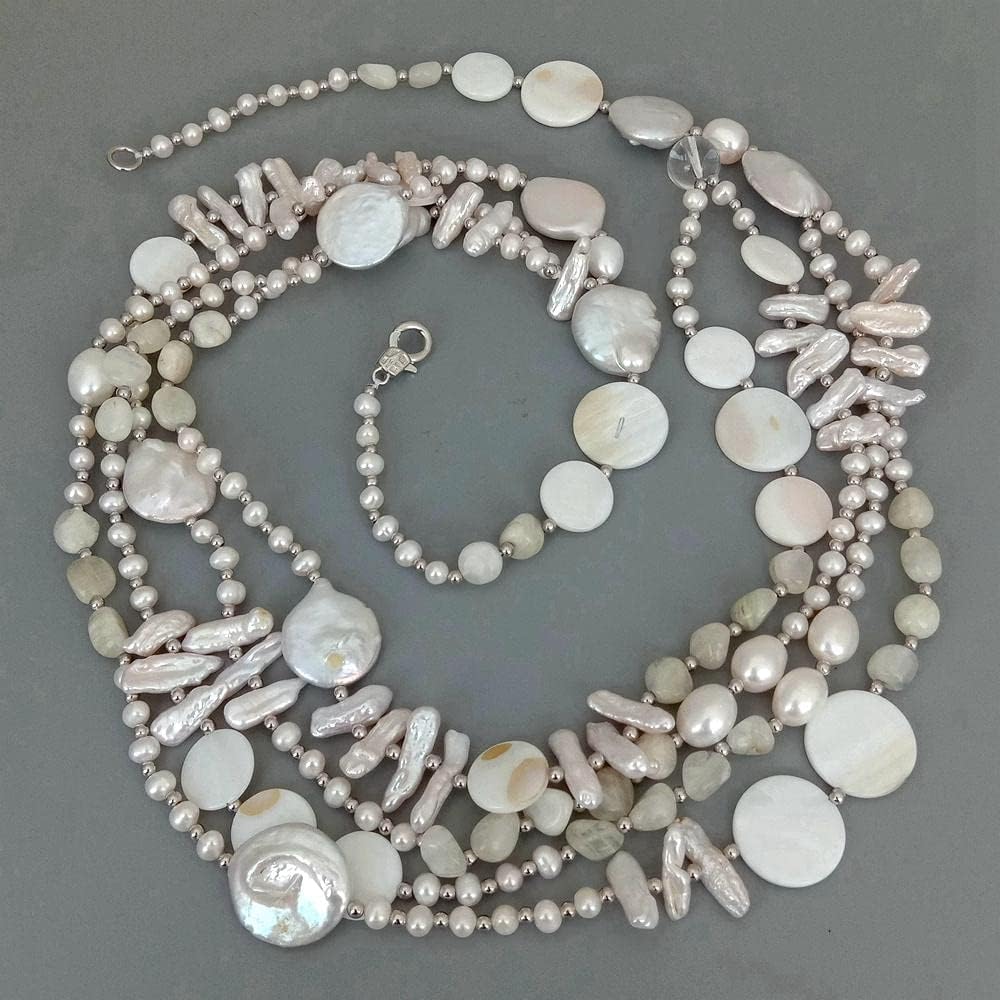4 Strands Cultured White Biwa Freshwater Pearl Coin Pearl Moonstone freeform Shell Necklace 28"