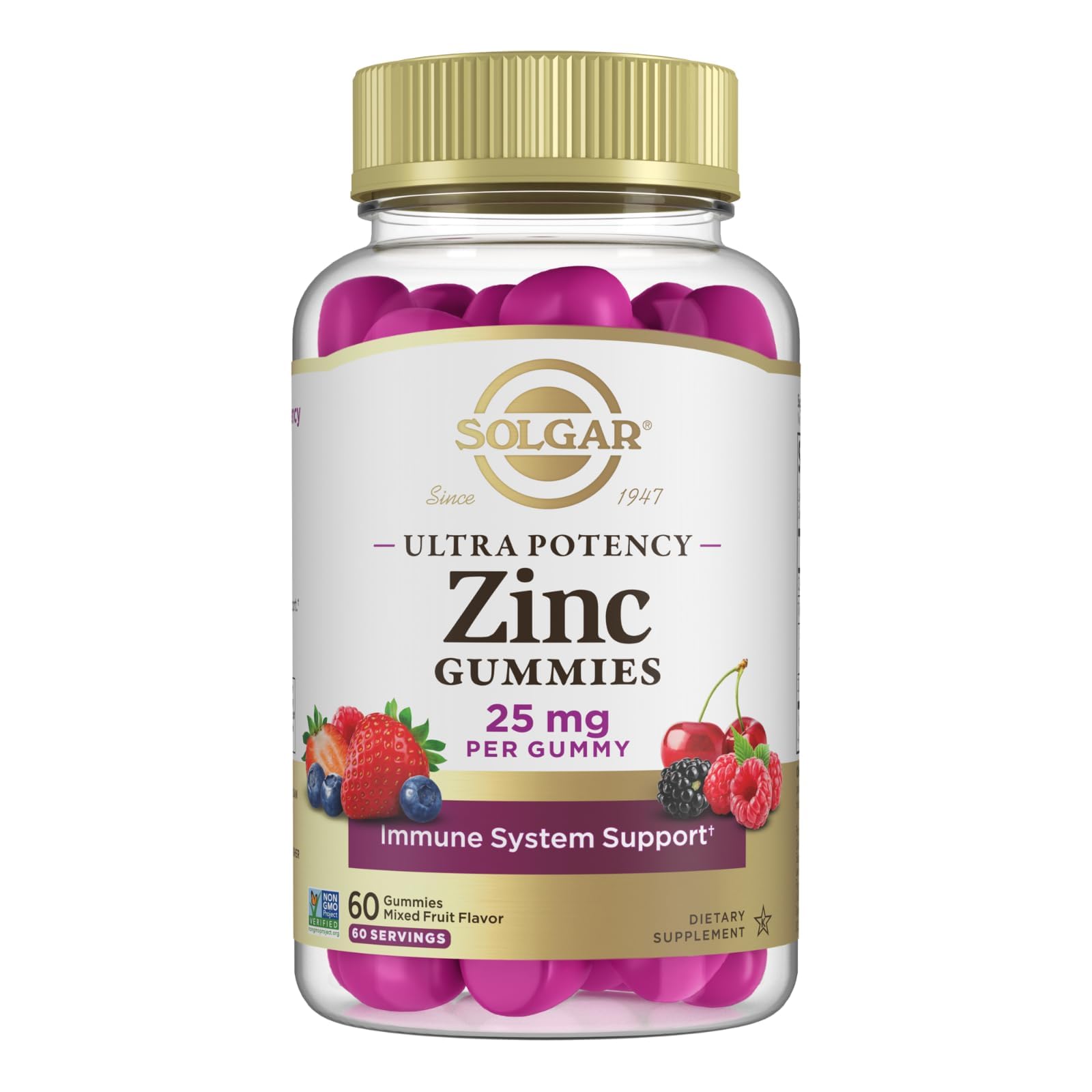 Zinc Gummies Adult Vitamin with 25mg Ultra Potency Zinc Citrate for Immune Support - Mixed Fruit Flavor, Vegan, Kosher & Gluten Free Gummy Supplements for Women & Men, 2g Sugar, 60 Servings
