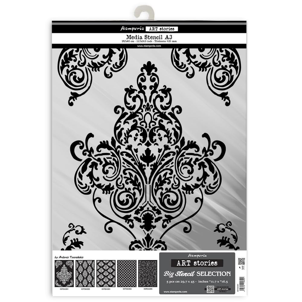 Stamperia - Selection of Big Stencils A3 for Scrapbooks, Albums, Cards, Bullet Journalling, and More, Flexible Material, Easy to Clean, Perfect for Hobbies, Crafts and Gifting (Art Stories) (5pcs)