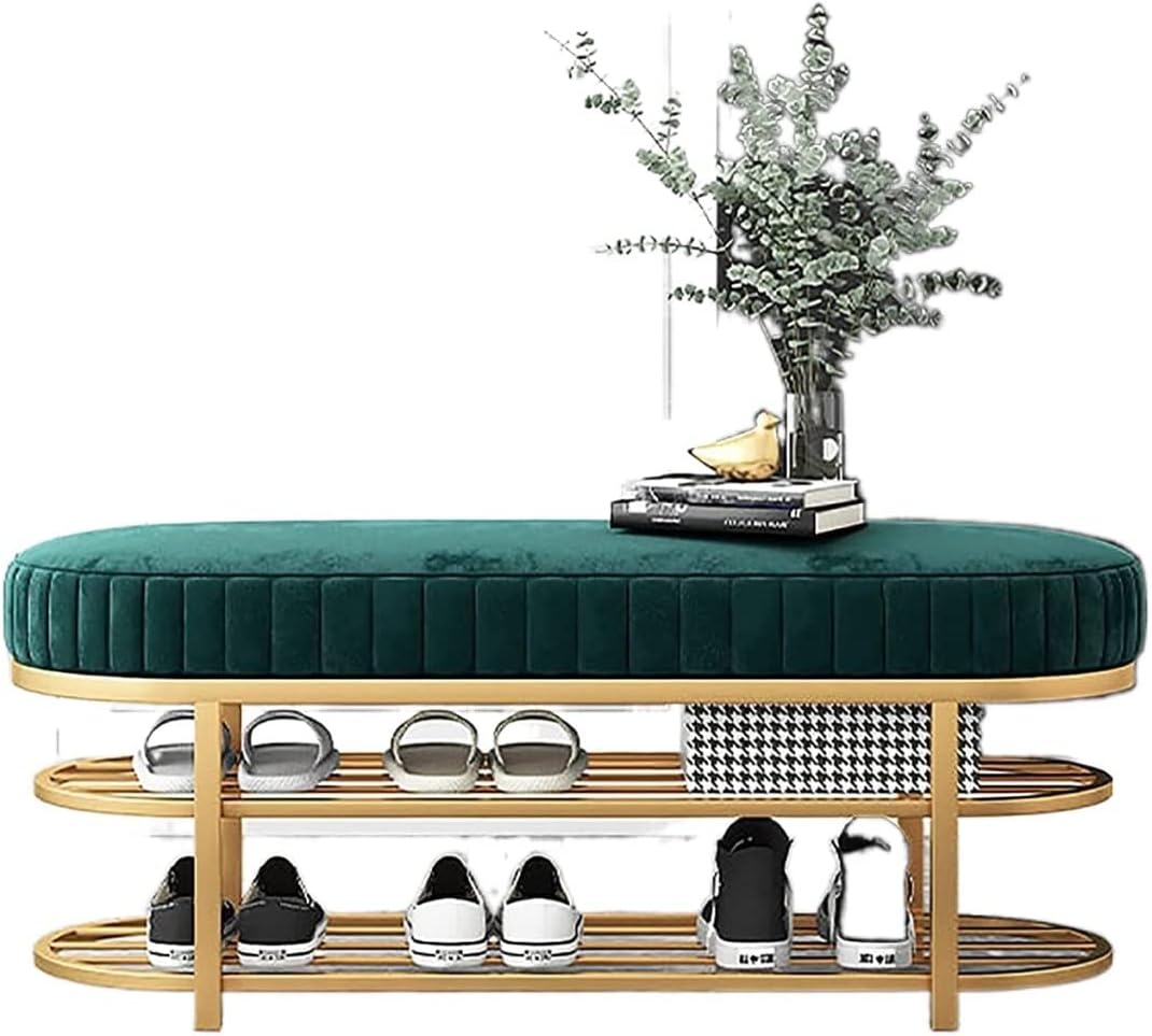 モダンなベルベットの玄関ベンチとゴールドの2段シューズラック